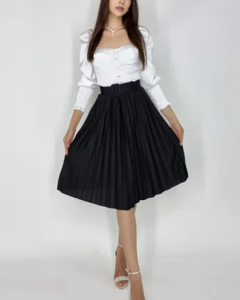 Fusta plisata eleganta Carmen, curea de aceeasi culoare inclusa, Negru, Marime universala S/M