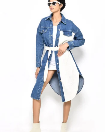 Sarafan Vivole, denim, inchidere cu nasturi, cordon in talie, bicolor