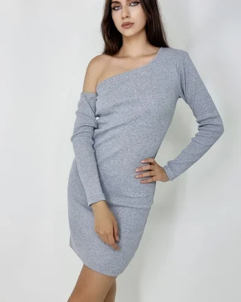Rochie scurta bodycon Pierce, cu decolteu asimetric si umarul gol, Gri, Marime S/M