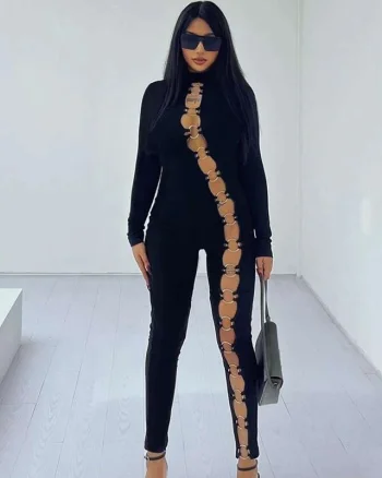 Salopeta lycra contractoare Randy, cu maneca tip manusa si accesorii metalice pe toata linia croielii, Negru