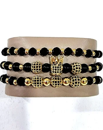 Set Prince, trei bratari unisex, cu bile din inox, cristale zirconiu si pietre artizanale, Negru/Auriu