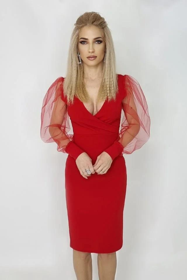 Rochie midi Zephyr, bodycon, cu decolteu amplu si maneci lungi din voal, Rosu, Marime S/M