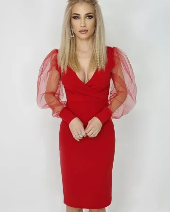 Rochie midi Zephyr, bodycon, cu decolteu amplu si maneci lungi din voal, Rosu, Marime S/M