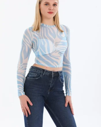 Bluza crop Valery, cu textura transparenta, animal print si maneca lunga, Albastru