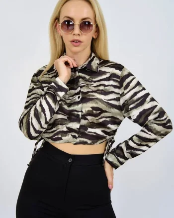 Bluza crop tip camasa Waley, cu imprimeu animal print si snururi reglabile, laterale, Verde zebra