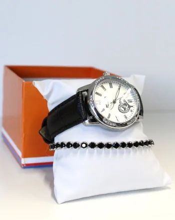 Set ceas elegant Waterproof Matteo Ferari, curea din piele ecologica si bratara asortata, One Heart, Negru/Argintiu