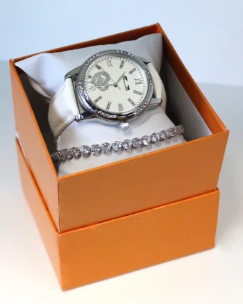 Set ceas elegant Waterproof Matteo Ferari, curea din piele ecologica si bratara asortata, One Heart, Alb/Argintiu