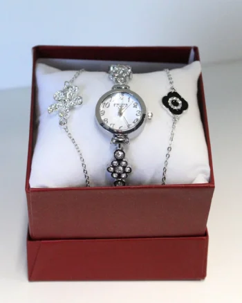 Set elegant Francesca di Geneva, cu ceas metalic, aspect floral si doua bratari asortate din inox, Argintiu