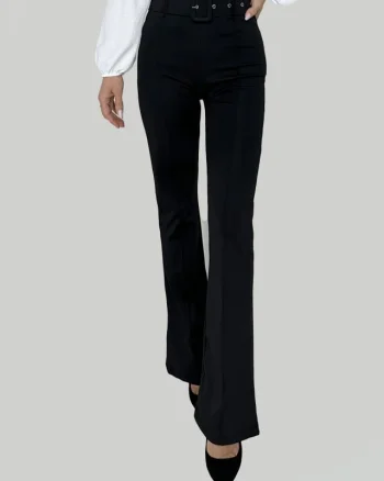 Pantaloni eleganti, Matty, cu dunga, evazati si curea asortata, Negru
