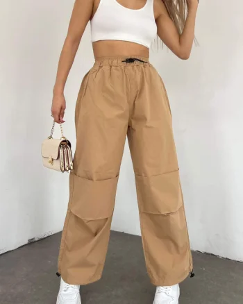 Pantaloni dama Force, croiala cargo, oversize, cu snur reglabil in talie si la baza piciorului, Maro