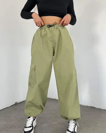Pantaloni dama Force One, croiala cargo, oversize, cu snur reglabil in talie si la baza piciorului, Vernil