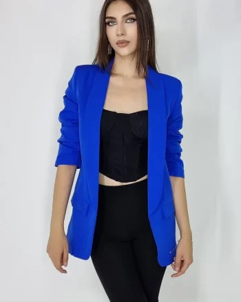 Sacou casual Alessia, cu revere rotunde si buzunare decorative, Albastru, Marime S/M