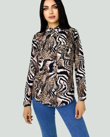Camasa dama Ivia, cu maneci lungi, croiala clasica si buzunar decorativ, Animal print