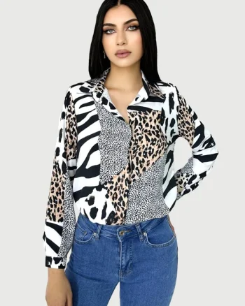 Camasa dama Mozaic, cu maneci lungi, mansete si croiala dreapta clasica, Animal print