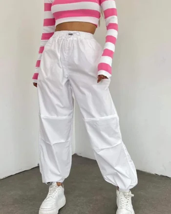 Pantaloni dama Force, croiala cargo, oversize, cu snur reglabil in talie si la baza piciorului, Alb