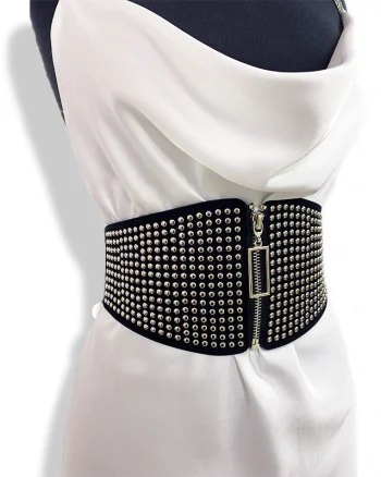 Centura corset Lia neagra, lata, din piele ecologica, elastica, cu capse si fermoar