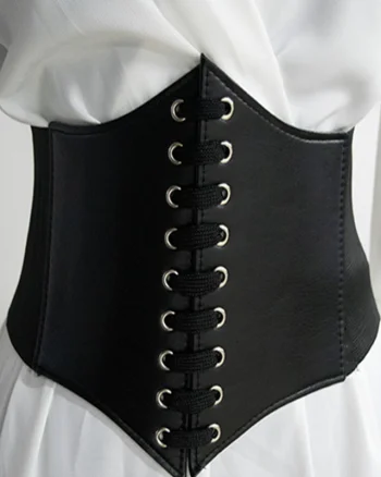 Centura corset Nemira neagra, lata, din piele ecologica, cu banda elastica si snururi