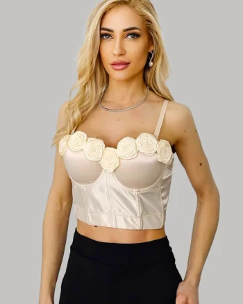 Corset satinat Roses, cu aplicatii florale, balene metalice si efect de push-up, Crem