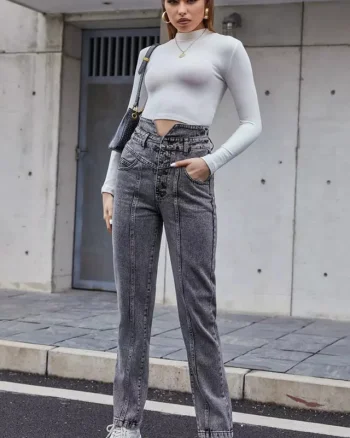 Blugi dama Lisa, cu talie inalta si croiala mom fit, Gri
