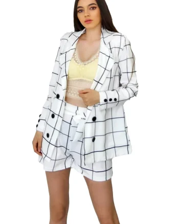 Compleu elegant Haven, sacou lung si pantaloni scurti cu cordon detasabil, Alb