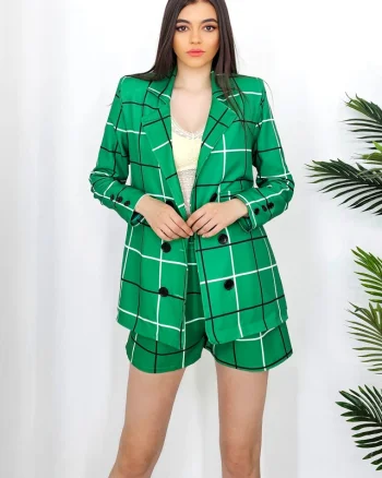 Compleu elegant Haven, sacou lung si pantaloni scurti cu cordon detasabil, Verde smarald