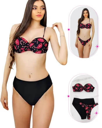 Costum de baie trei piese Maggie, imprimeu abstract si sutien cu push up, Negru
