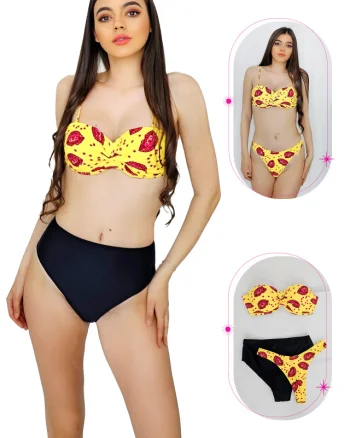 Costum de baie trei piese Maggie, imprimeu abstract si sutien cu push up, Galben