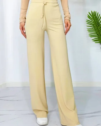 Pantaloni casual Dari, evazati, cu banda elastica si snur in talie, Crem