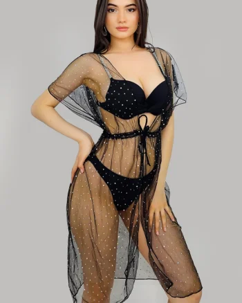 Cardigan pentru plaja Jody, din plasa cu pietre artizanale si snur in talie, Negru