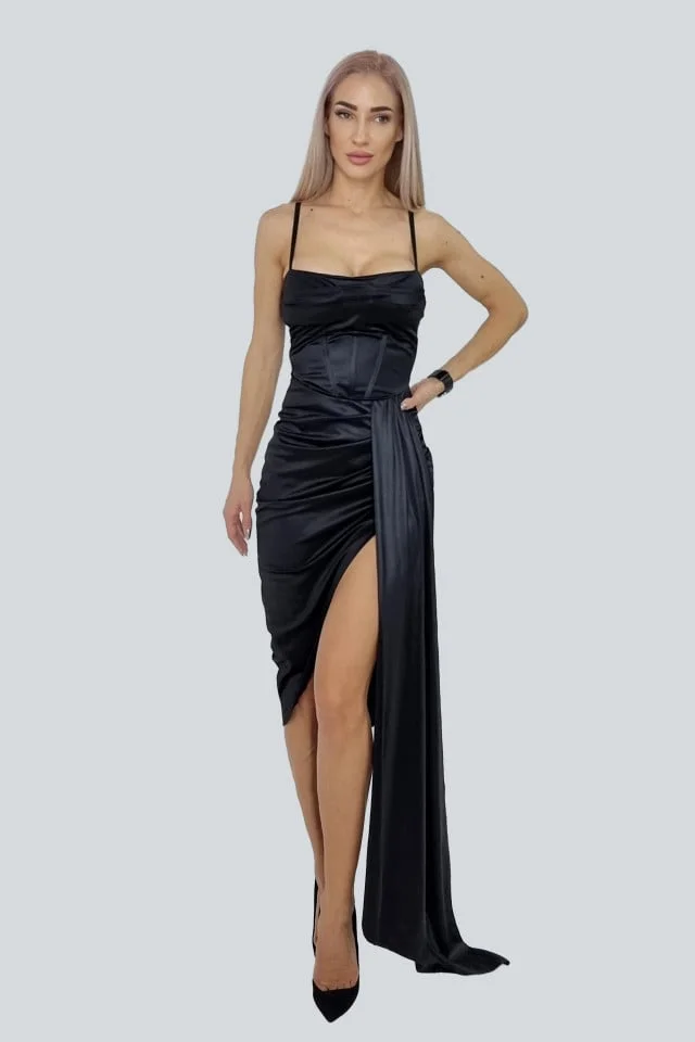 Rochie satinata Valentina, asimetrica, cu fronseuri si bretele subtiri, Negru