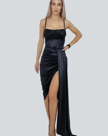 Rochie satinata Valentina, asimetrica, cu fronseuri si bretele subtiri, Negru