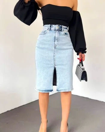 Fusta midi din denim, Tamera, cu buzunare fata/spate si crapatura frontala, Albastru deschis