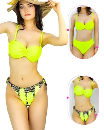 Costum de baie trei piese Ingrid, cu doua tipuri de slip si imprimeu abstract, Galben