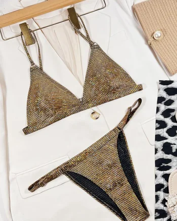 Costum de baie doua piese Paradise Passion, cu paiete si burete detasabil, Auriu