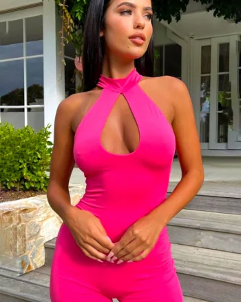 Salopeta bumbac Evitta, cu guler choker si inchidere cu fermoar, Roz