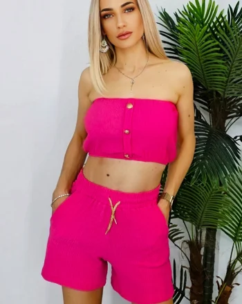 Compleu bumbac Eclipsing, cu pantaloni scurti si top cu detalii aurii metalice, Fucsia