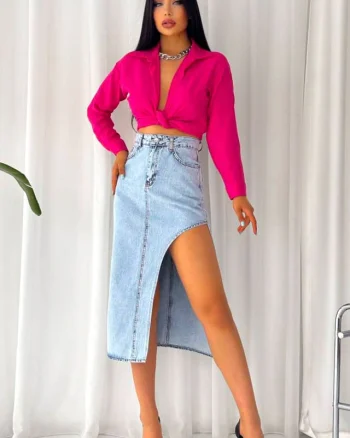 Fusta denim, Kasy, cu buzunare fata/spate si crapatura laterala, Albastru deschis