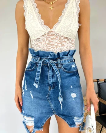 Fusta denim Cute Touch, cu perforatii accentuate si croi paper bag, Albastru