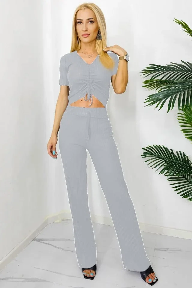 Compleu casual Cassia, cu pantaloni lejeri si tricou cu snur, Gri, Marime S/M