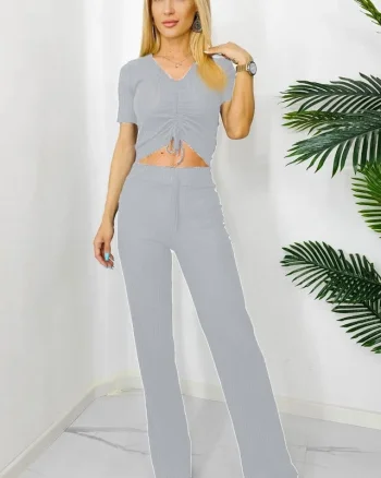 Compleu casual Cassia, cu pantaloni lejeri si tricou cu snur, Gri, Marime S/M