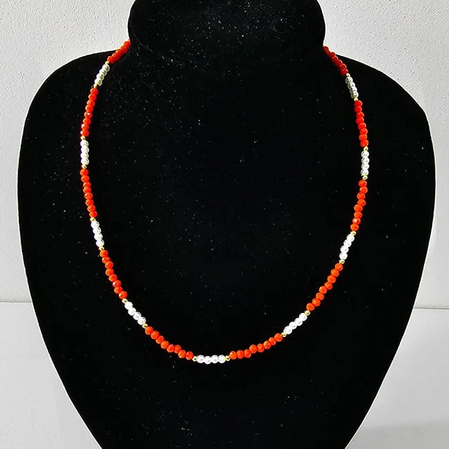 Colier choker Tennis, cu margele fațetate si lungime reglabila, Rosu