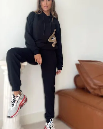 Trening dama Cute Bear, pantaloni si hanorac cu gluga, Negru
