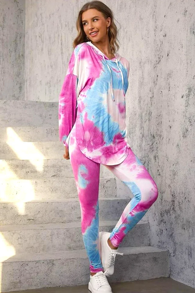 Compleu sport Fussion, cu imprimeu pastel, colanti si bluza lunga cu gluga, Fucsia