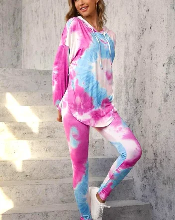 Compleu sport Fussion, cu imprimeu pastel, colanti si bluza lunga cu gluga, Fucsia