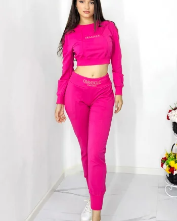 Compleu casual, OlaVogue, pantaloni cu buzunare si bluza crop, Roz