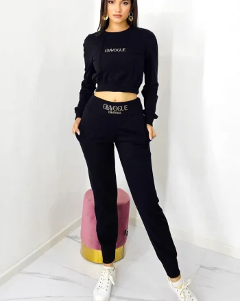 Compleu casual, OlaVogue, pantaloni cu buzunare si bluza crop, Negru