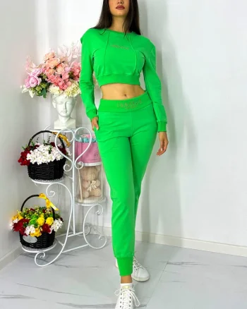 Compleu casual, OlaVogue, pantaloni cu buzunare si bluza crop, Verde
