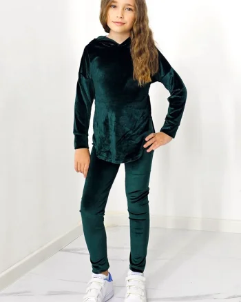 Compleu casual, Zoya Kids, din catifea, cu pantaloni slim si bluza cu gluga, Verde