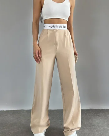 Pantaloni eleganti Simple the Best, cu talie inalta si croiala lejera, Crem
