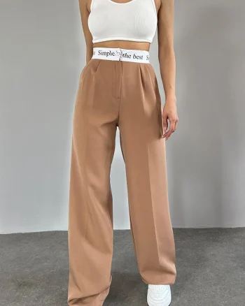Pantaloni eleganti Simple the Best, cu talie inalta si croiala lejera, Maro